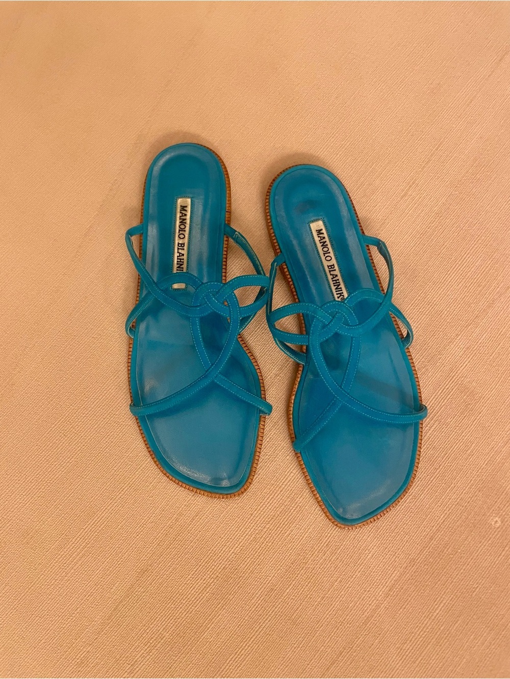 Manolo Blahnik Blue Strappy Leather Flats